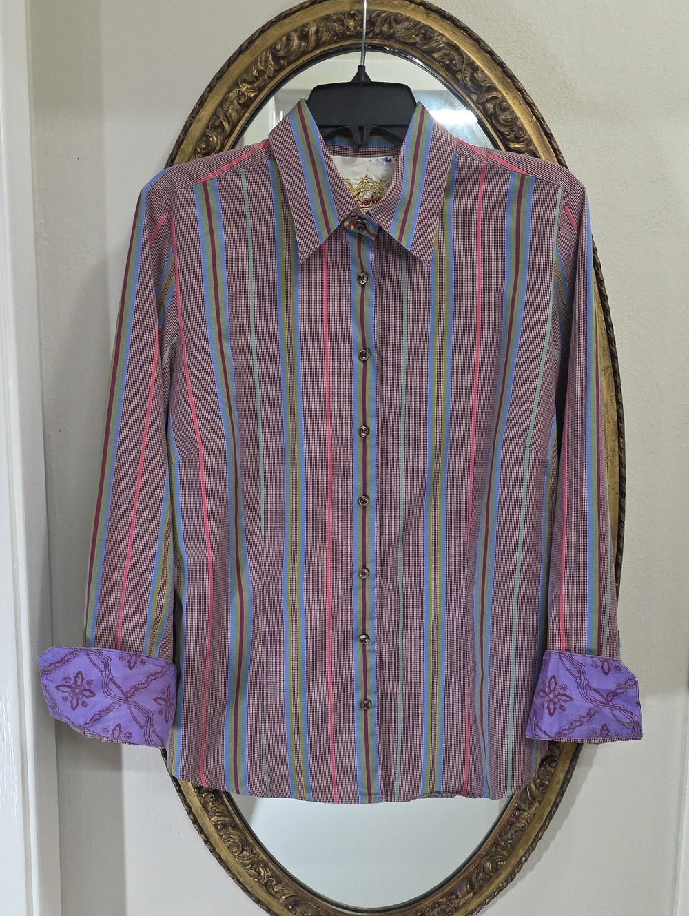 Robert Graham Men's Multi-Stripe Button-Up Shirt Purple Embroidered Size L